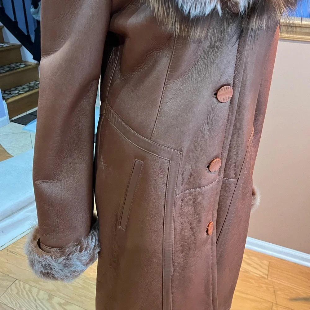 Women's Brown shearling Faux Fur Trim Coat - Picture 2 of 5